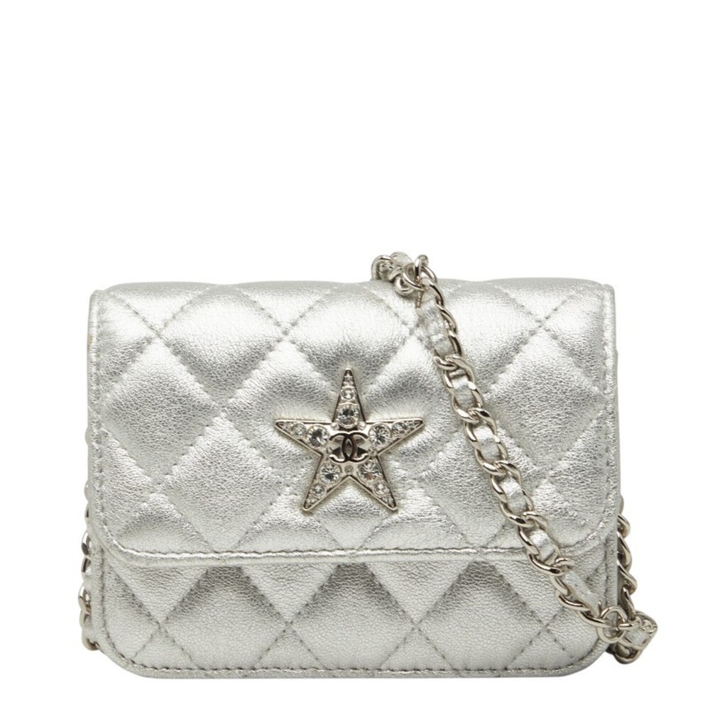 CHANEL Silver Leather Logo Shoulder Bag